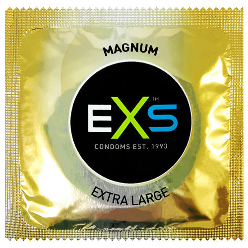 EXS Magnum Large condoms in packaging, showcasing their transparent design and natural rubber latex material.