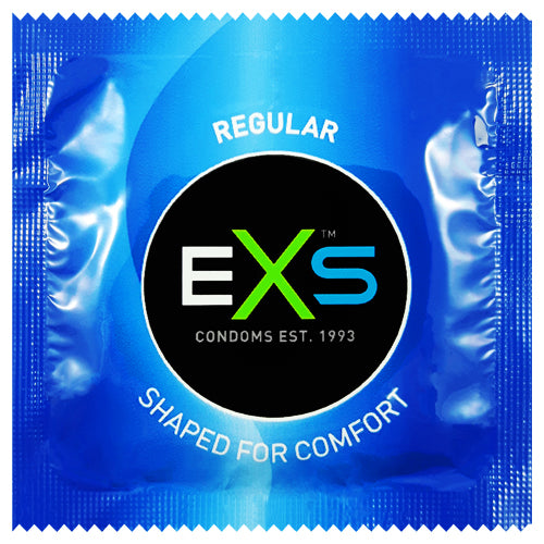 EXS Regular condoms displayed in a pack, showcasing their transparent design and flared tip for comfort.