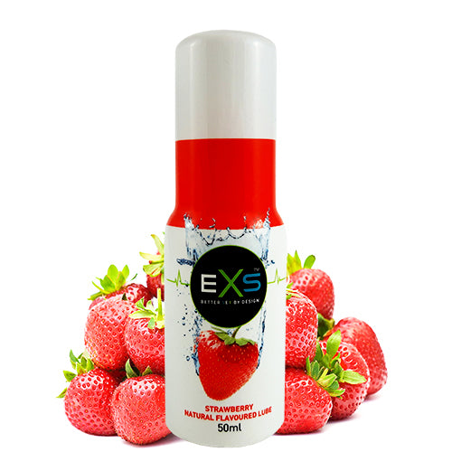 EXS Strawberry Lube 50ml bottle with a vibrant strawberry design, showcasing its natural flavor and water-based formula.