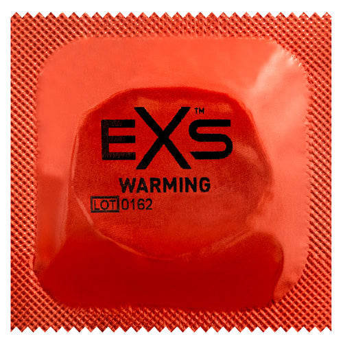 EXS Warming condoms in packaging, showcasing their teat-ended design and smooth texture for enhanced pleasure.