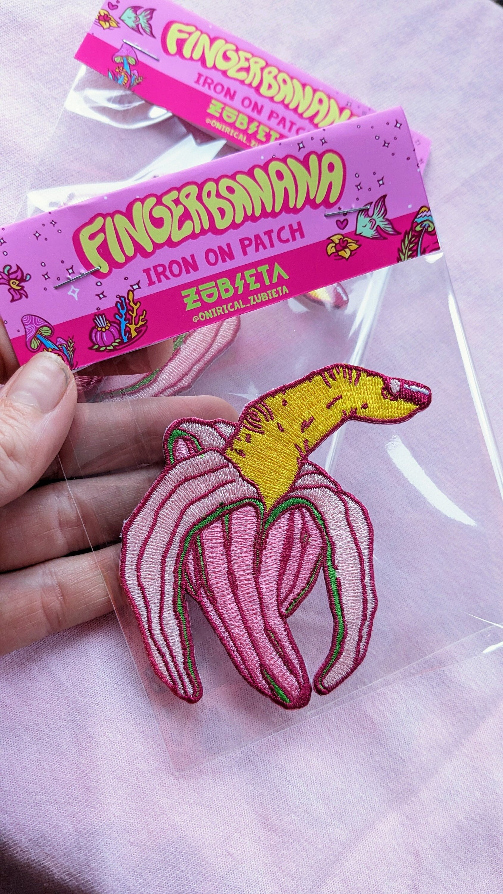 Colorful Finger Banana Embroidered Patch featuring a whimsical banana design, perfect for clothing and bags.