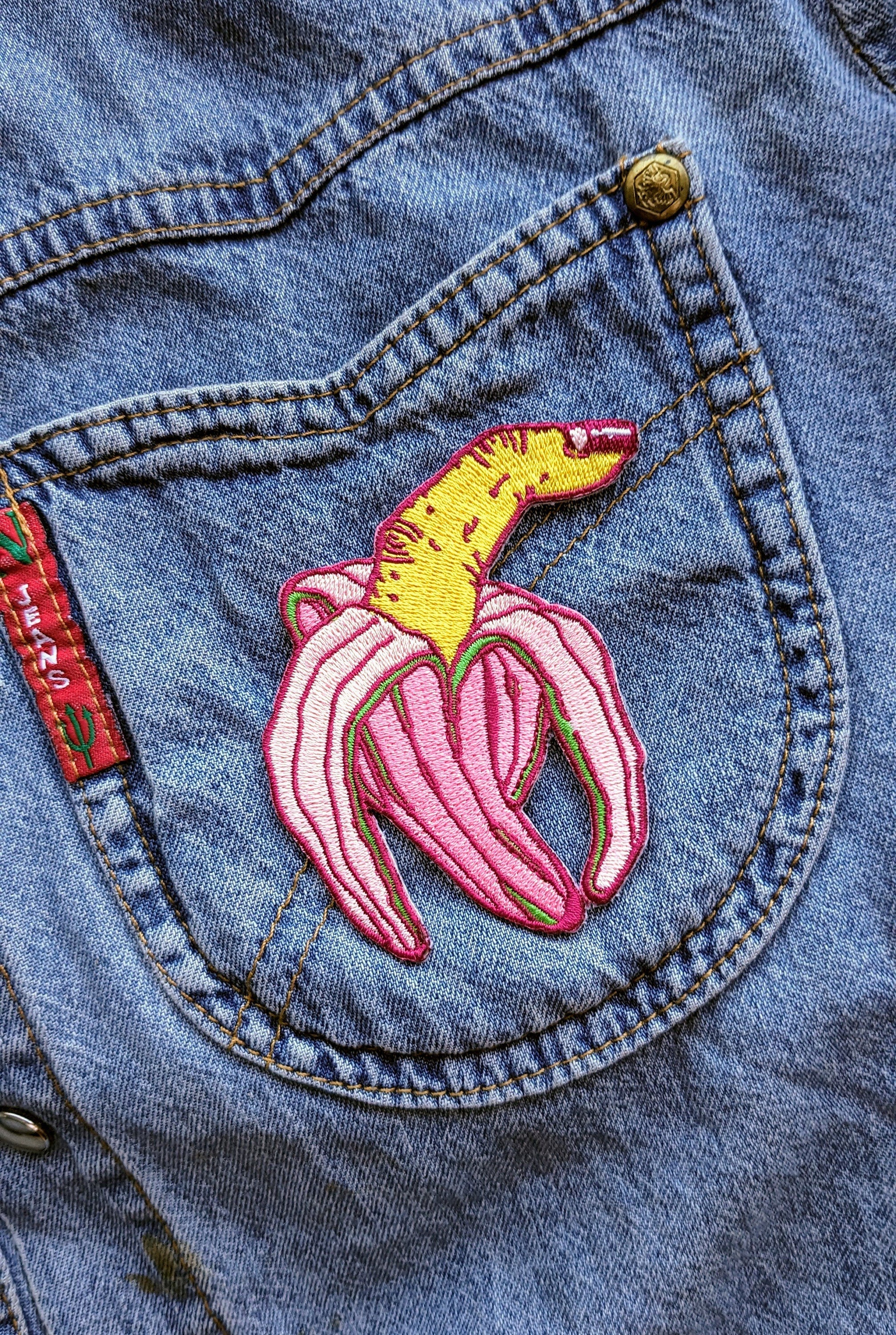 Colorful Finger Banana Embroidered Patch featuring a whimsical banana design, perfect for clothing and bags.