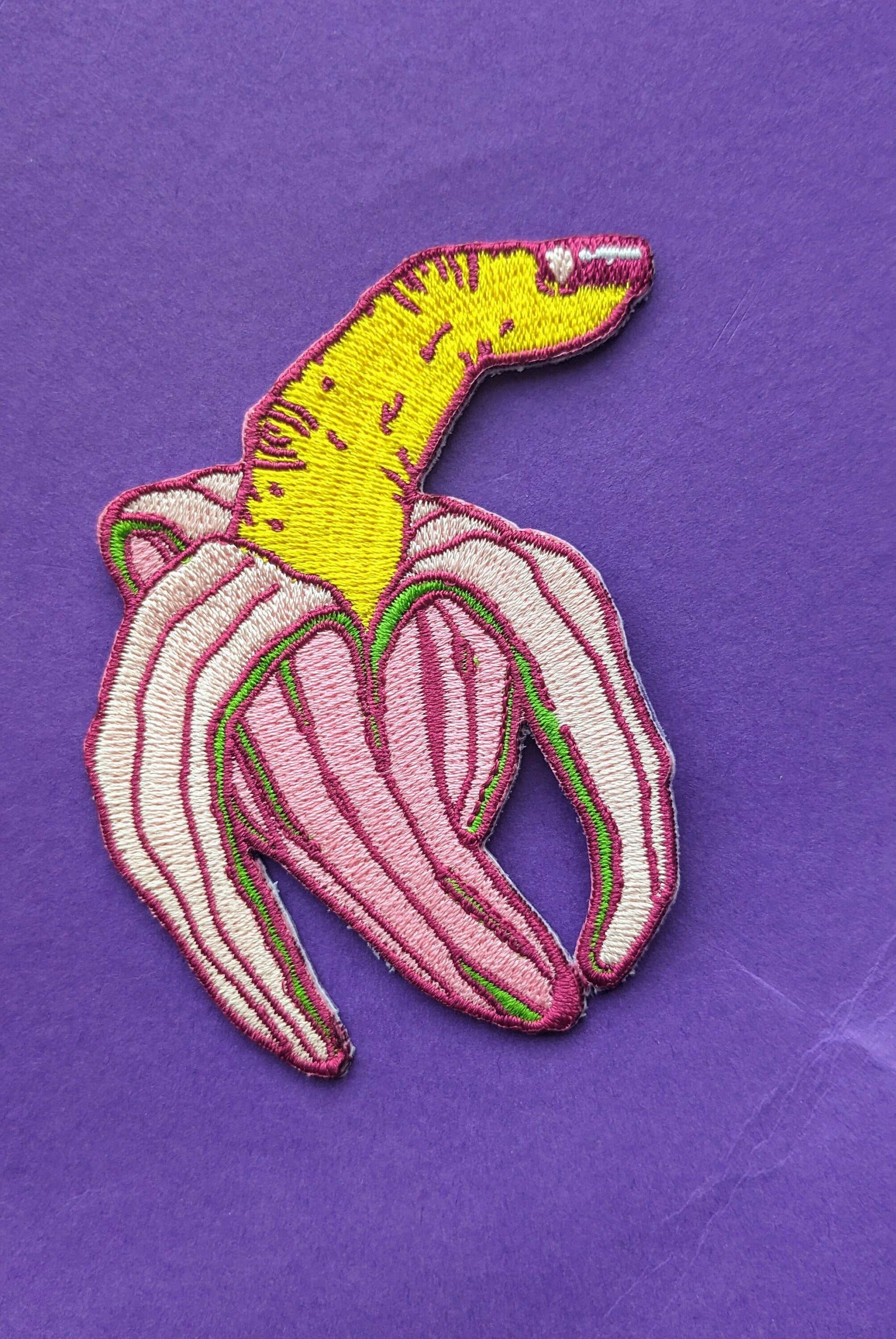 Colorful Finger Banana Embroidered Patch featuring a whimsical banana design, perfect for clothing and bags.