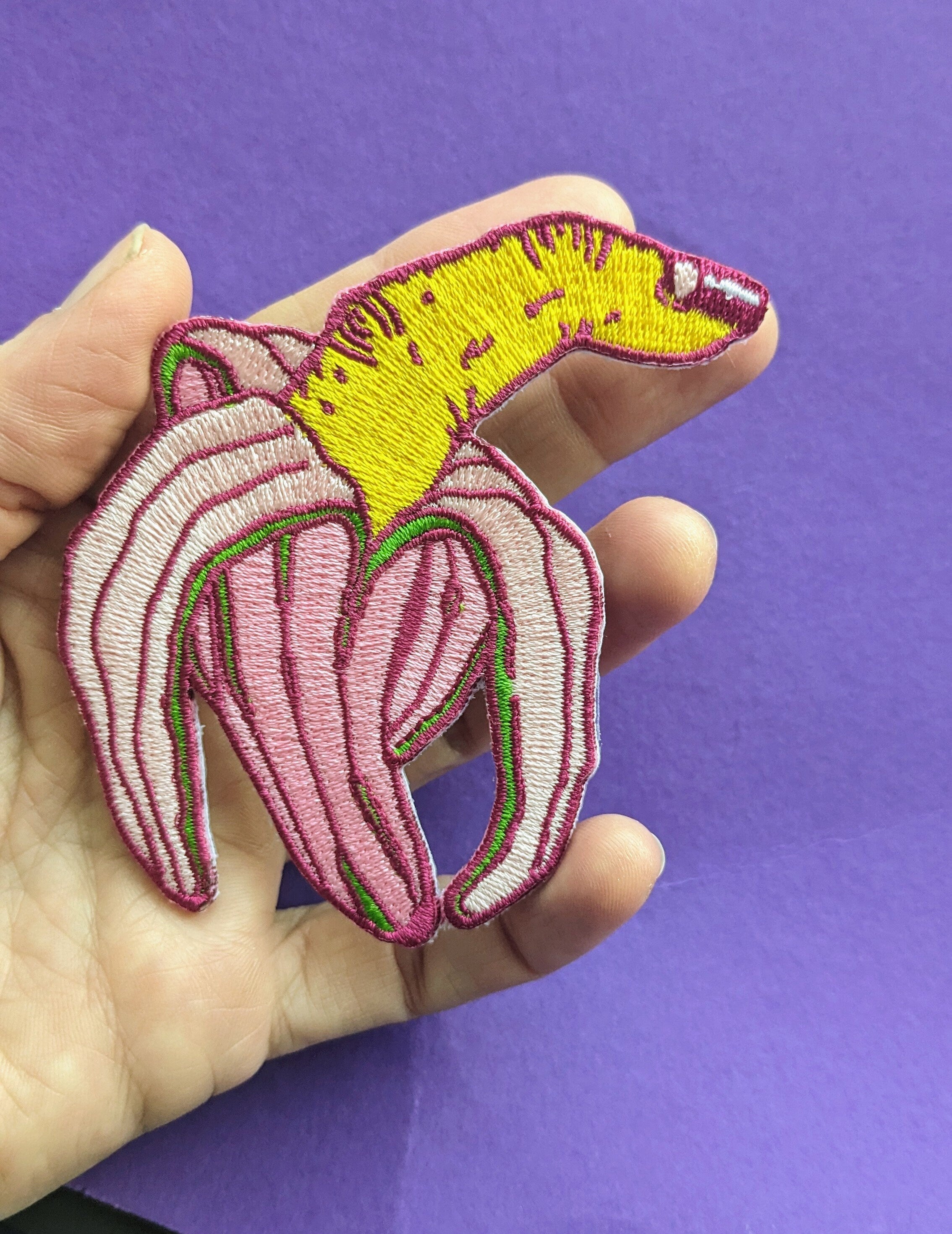 Colorful Finger Banana Embroidered Patch featuring a whimsical banana design, perfect for clothing and bags.