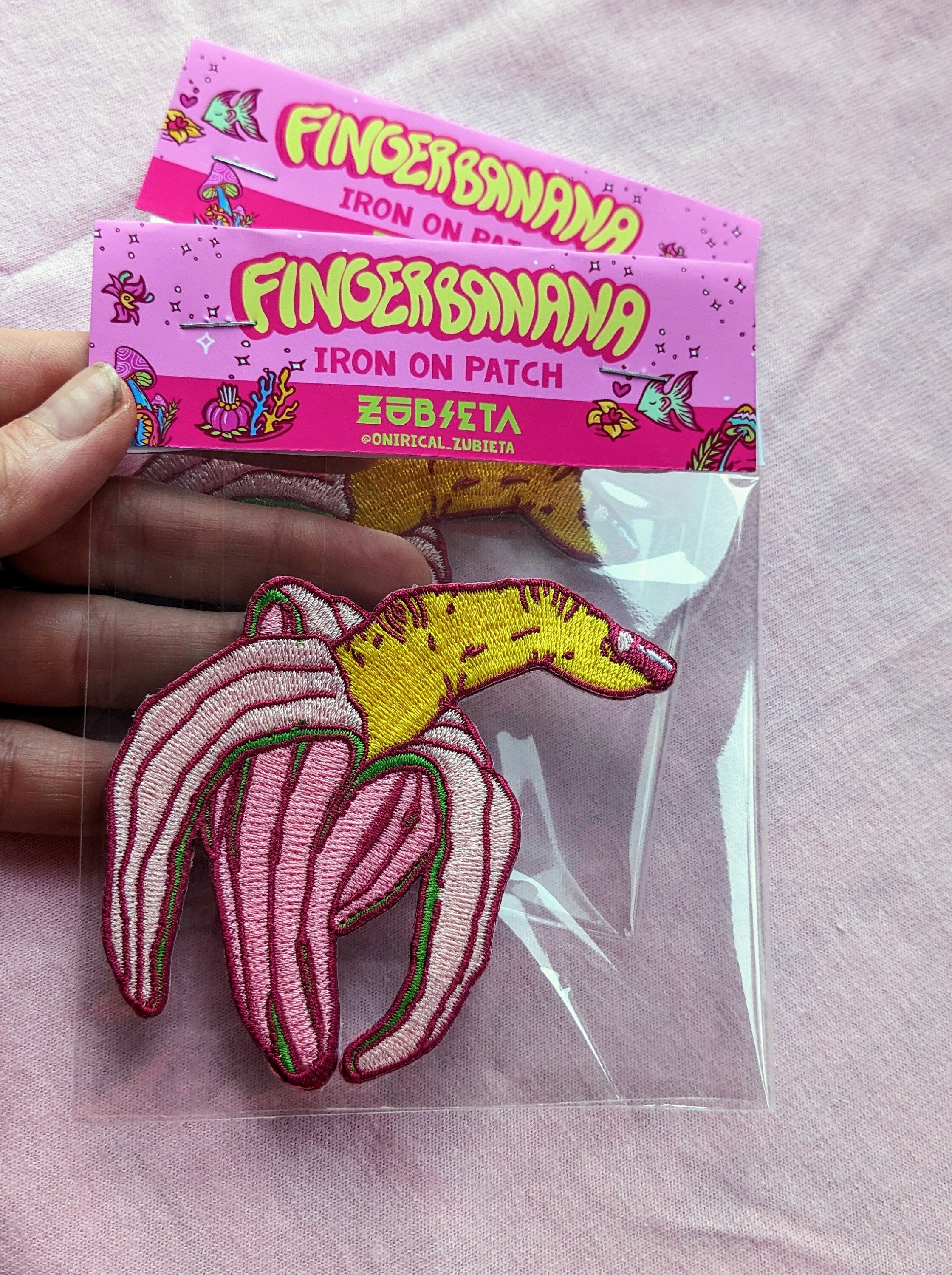 Colorful Finger Banana Embroidered Patch featuring a whimsical banana design, perfect for clothing and bags.