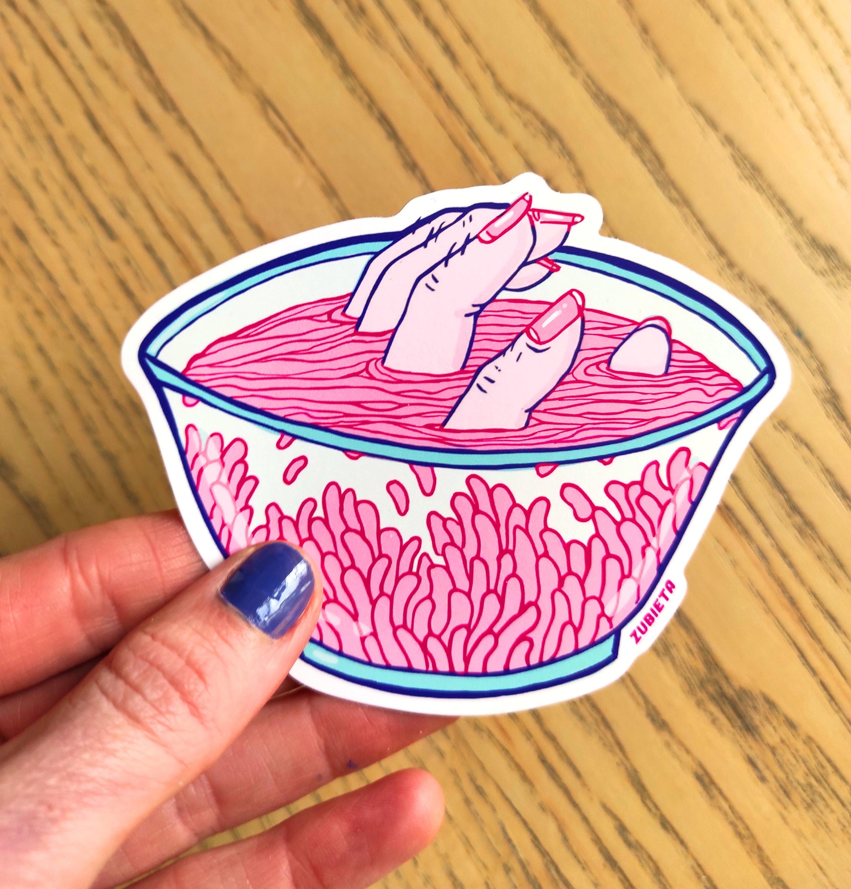 A vibrant Finger Ramen Surreal Sticker featuring a creepy cute design, perfect for decorating various items like laptops and water bottles.