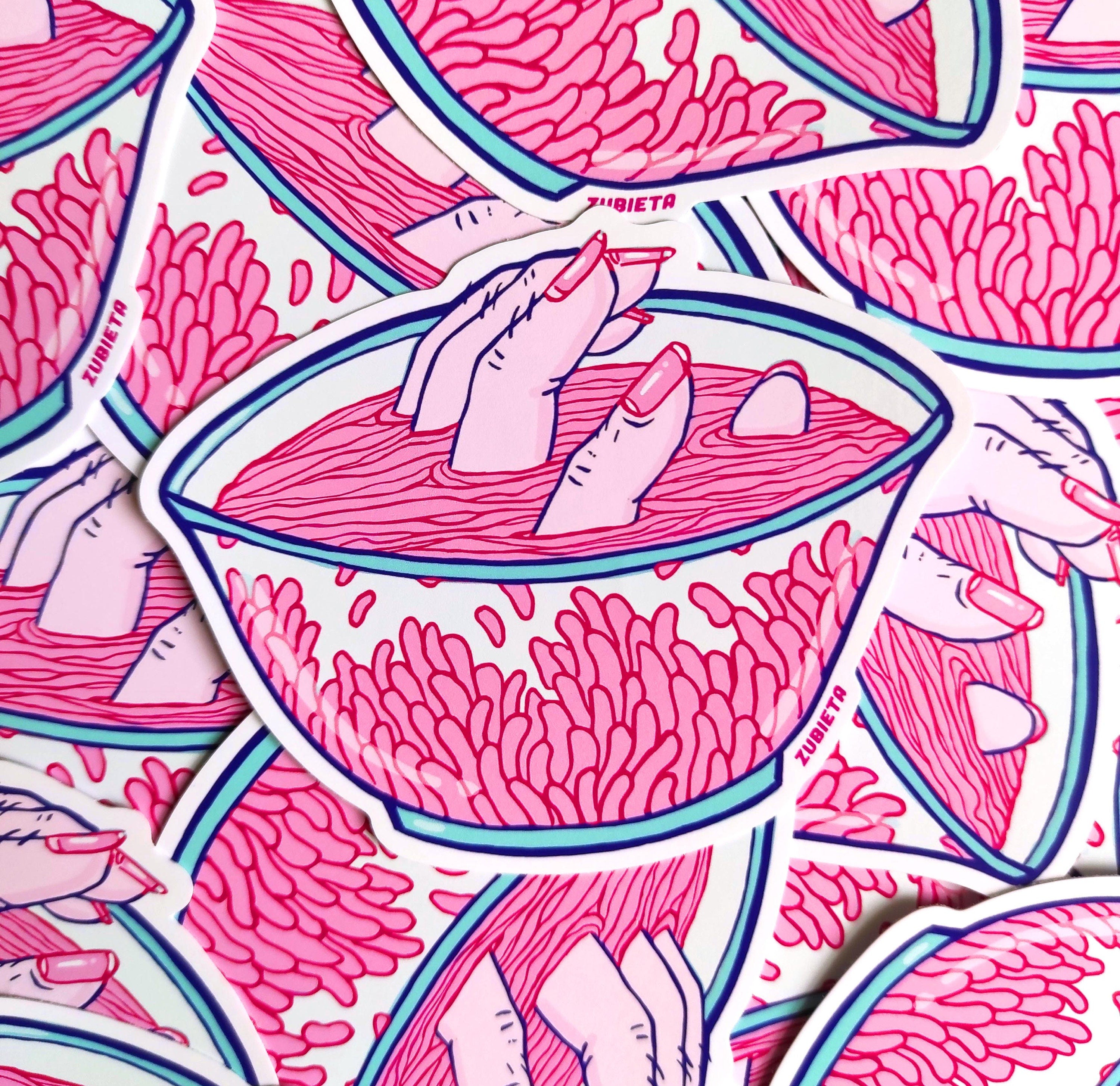 A vibrant Finger Ramen Surreal Sticker featuring a creepy cute design, perfect for decorating various items like laptops and water bottles.