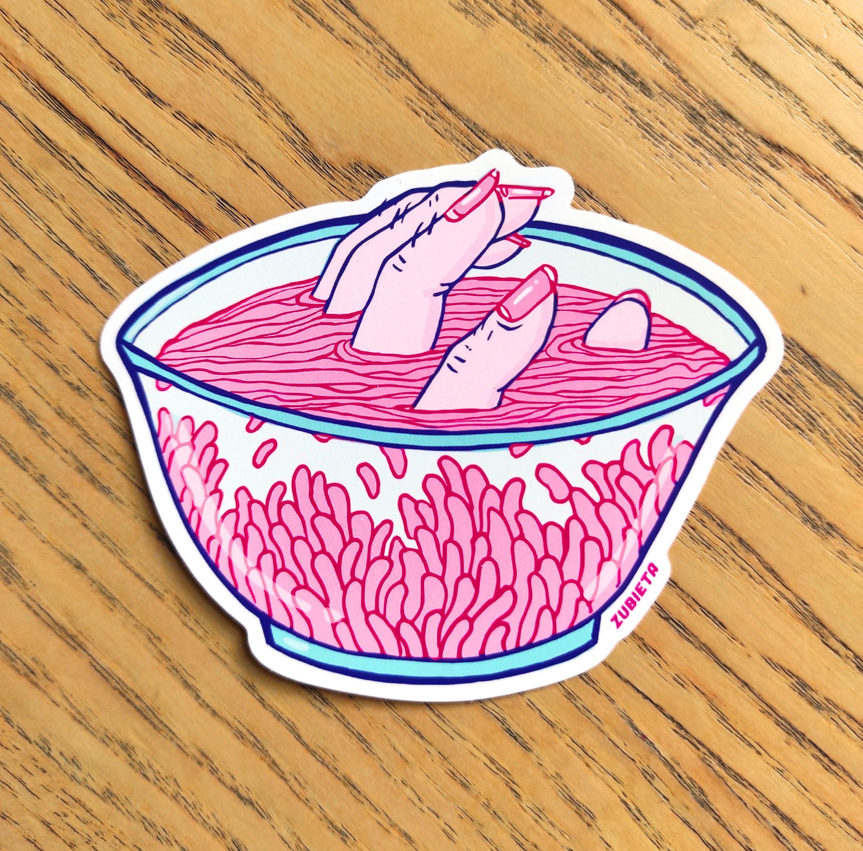 A vibrant Finger Ramen Surreal Sticker featuring a creepy cute design, perfect for decorating various items like laptops and water bottles.