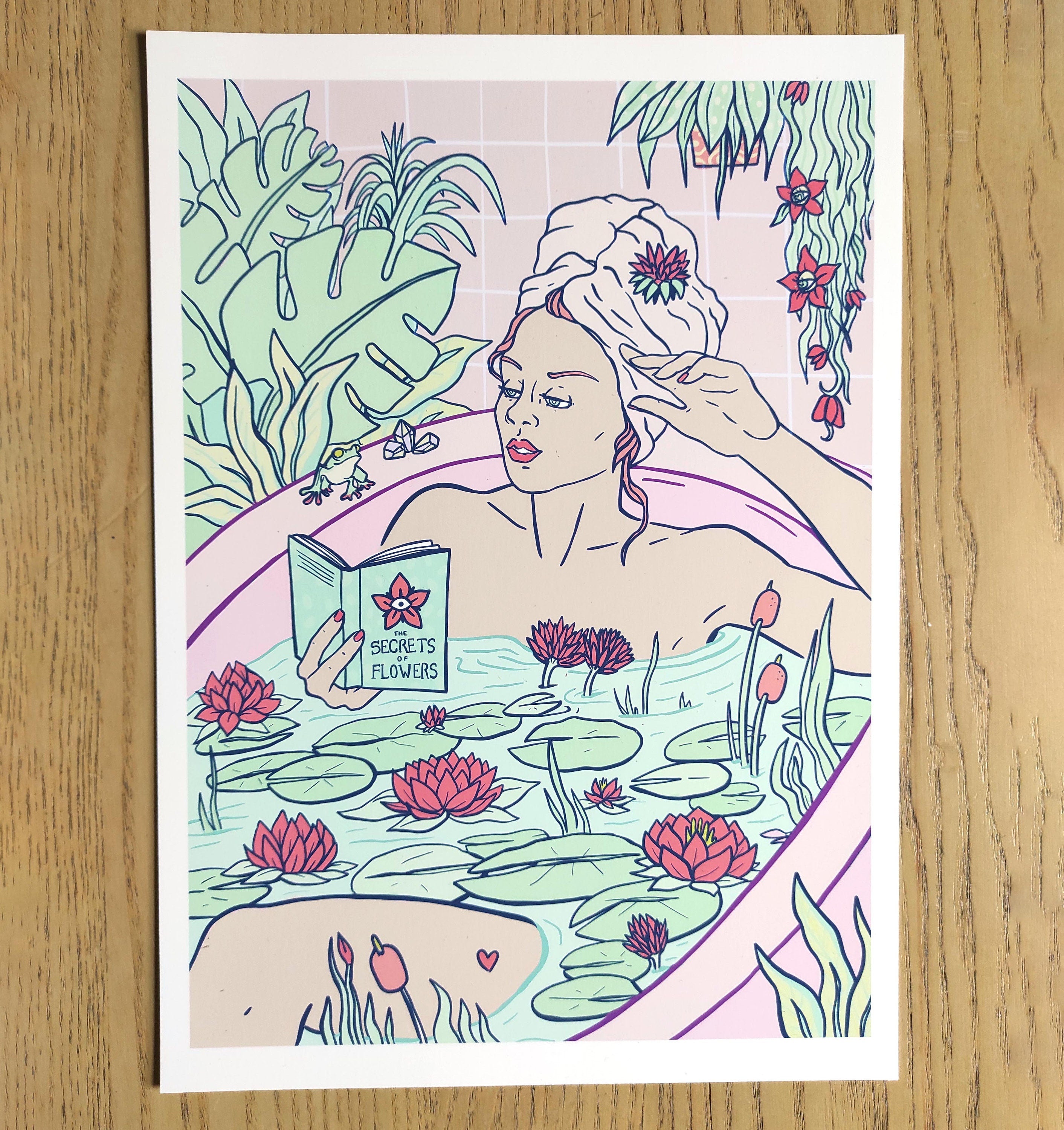 A beautiful art print titled 'Flowers Bath', showcasing vibrant colors and intricate details, part of a limited edition series on self-care and womanhood.