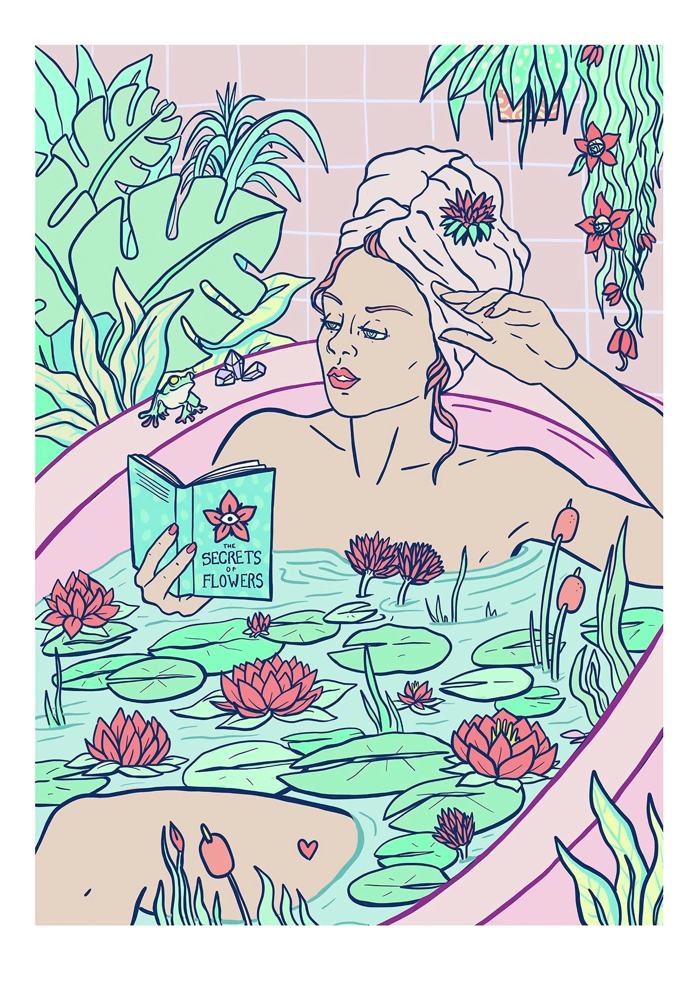 A beautiful art print titled 'Flowers Bath', showcasing vibrant colors and intricate details, part of a limited edition series on self-care and womanhood.