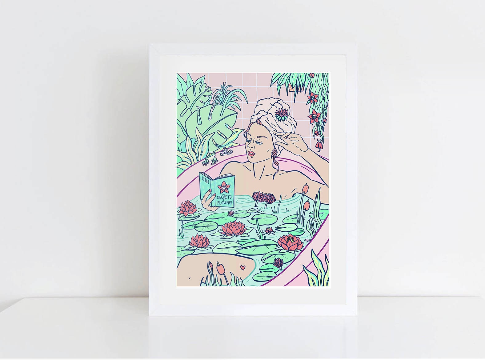 A beautiful art print titled 'Flowers Bath', showcasing vibrant colors and intricate details, part of a limited edition series on self-care and womanhood.