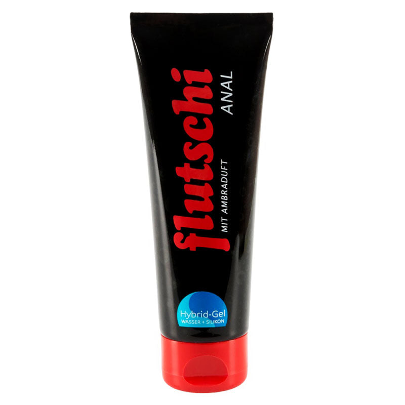 Flutschi Anal 80ml silicone and water-based lubricant bottle with amber scent, designed for anal play.