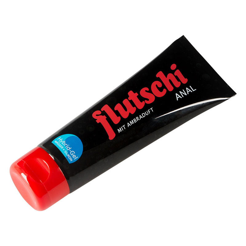 Flutschi Anal 80ml silicone and water-based lubricant bottle with amber scent, designed for anal play.