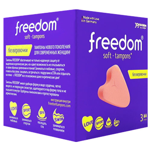 Freedom Soft-Tampons Mini Box 3 featuring heart-shaped sponges for comfortable and reliable period protection.