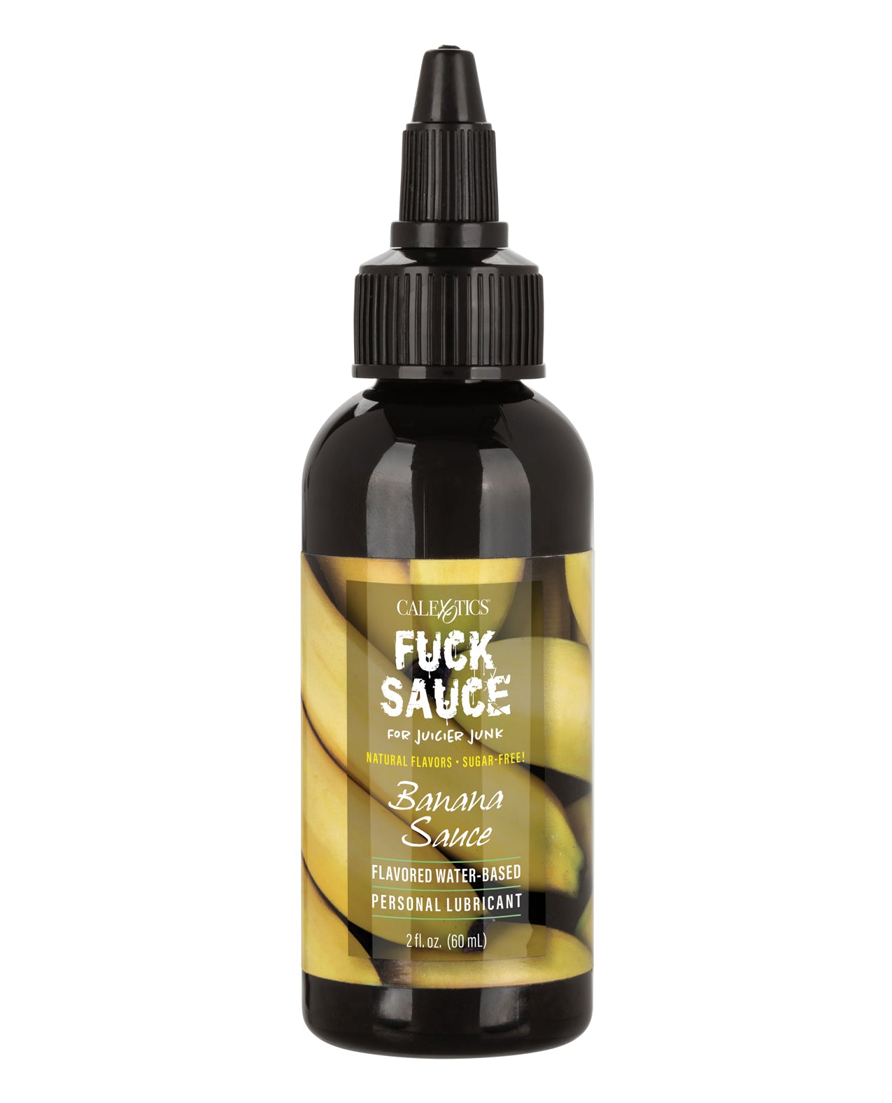 Fuck Sauce Banana Flavored Water Based Lubricant in a 2 fl oz bottle, featuring a vibrant design and banana-themed branding.