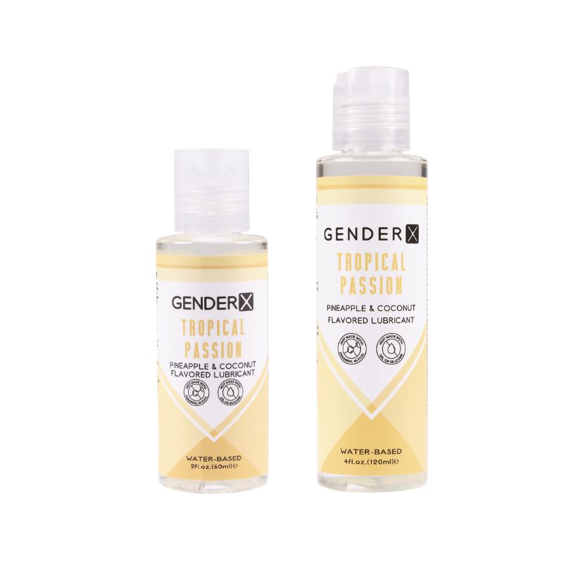 Bottle of Gender X Flavored Lube Tropical Passion with tropical design, showcasing its vibrant packaging and water-based formula.