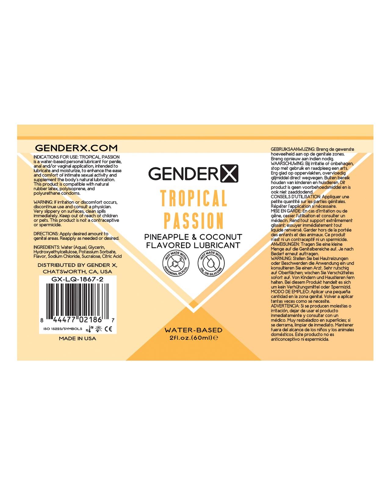 Bottle of Gender X Flavored Lube Tropical Passion with tropical design, showcasing its vibrant packaging and water-based formula.