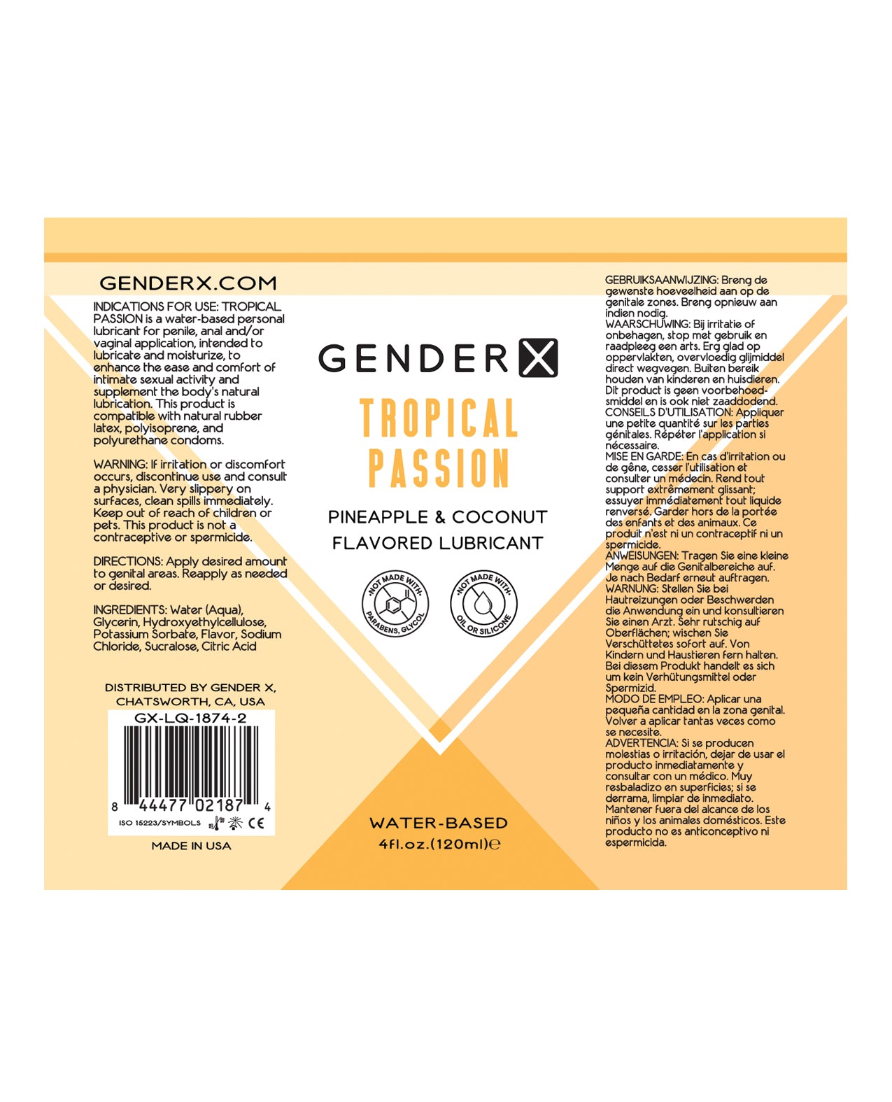 Bottle of Gender X Flavored Lube Tropical Passion with tropical design, showcasing its vibrant packaging and water-based formula.