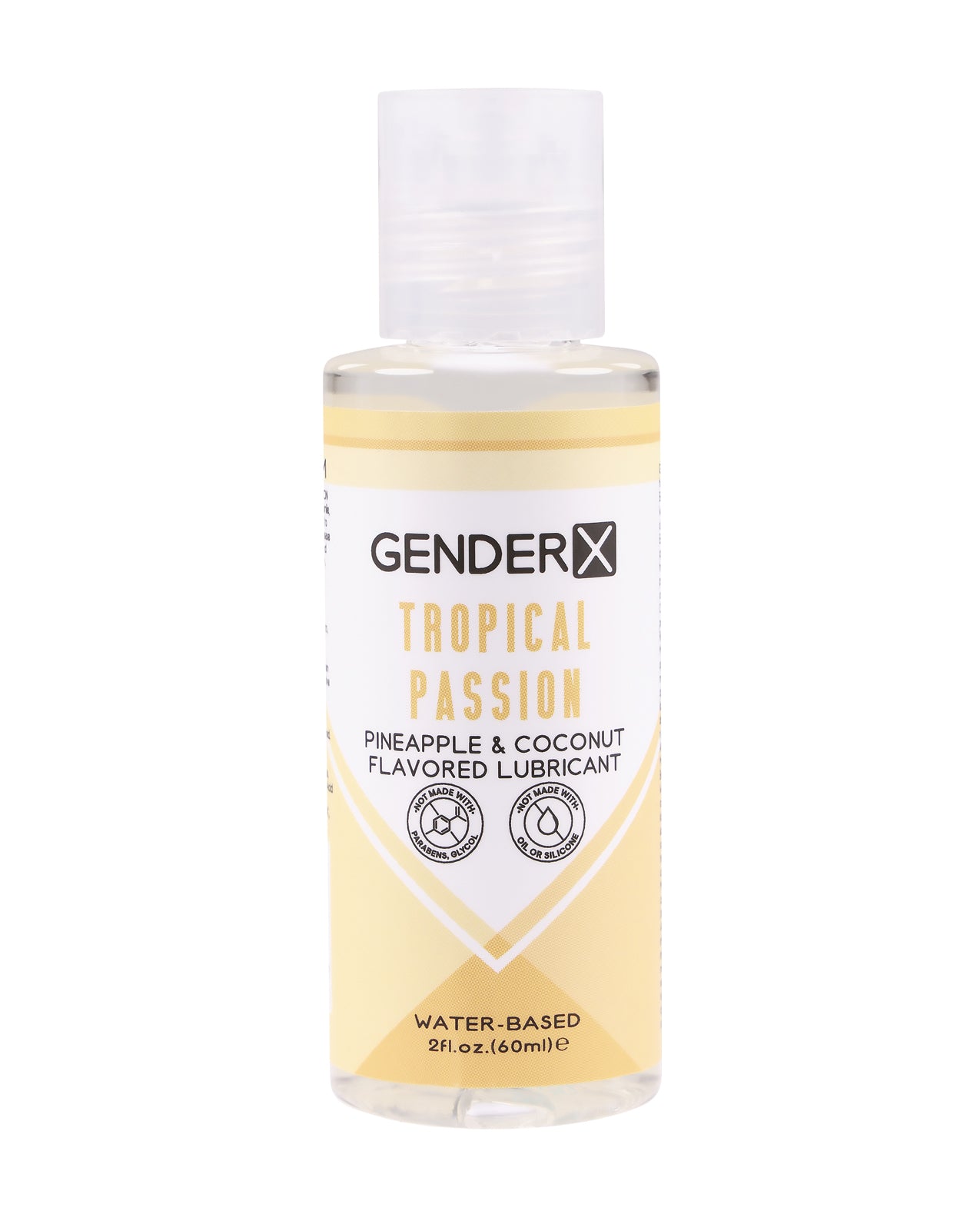 Bottle of Gender X Flavored Lube Tropical Passion with tropical design, showcasing its vibrant packaging and water-based formula.