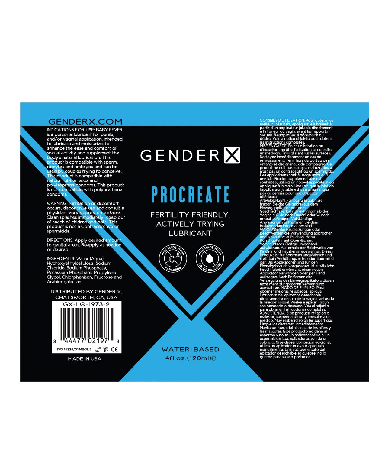 Gender X Procreate Personal Lubricant 4 fl oz bottle, unfragranced, water-based formula for fertility support.