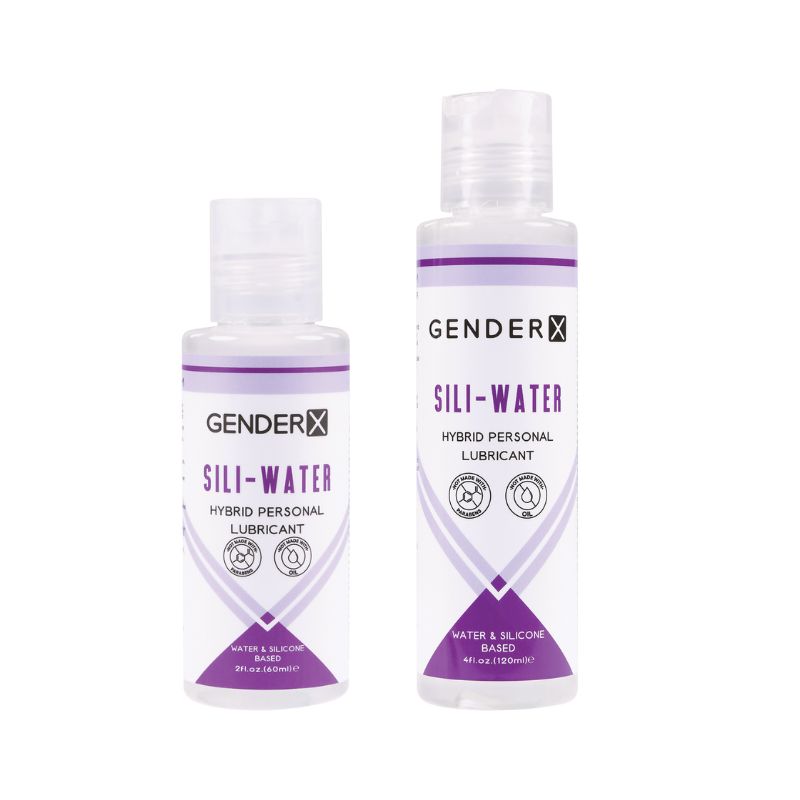 Gender X Sili-Water personal lubricant bottle with a sleek design, showcasing its silicone-based formula for enhanced intimacy.