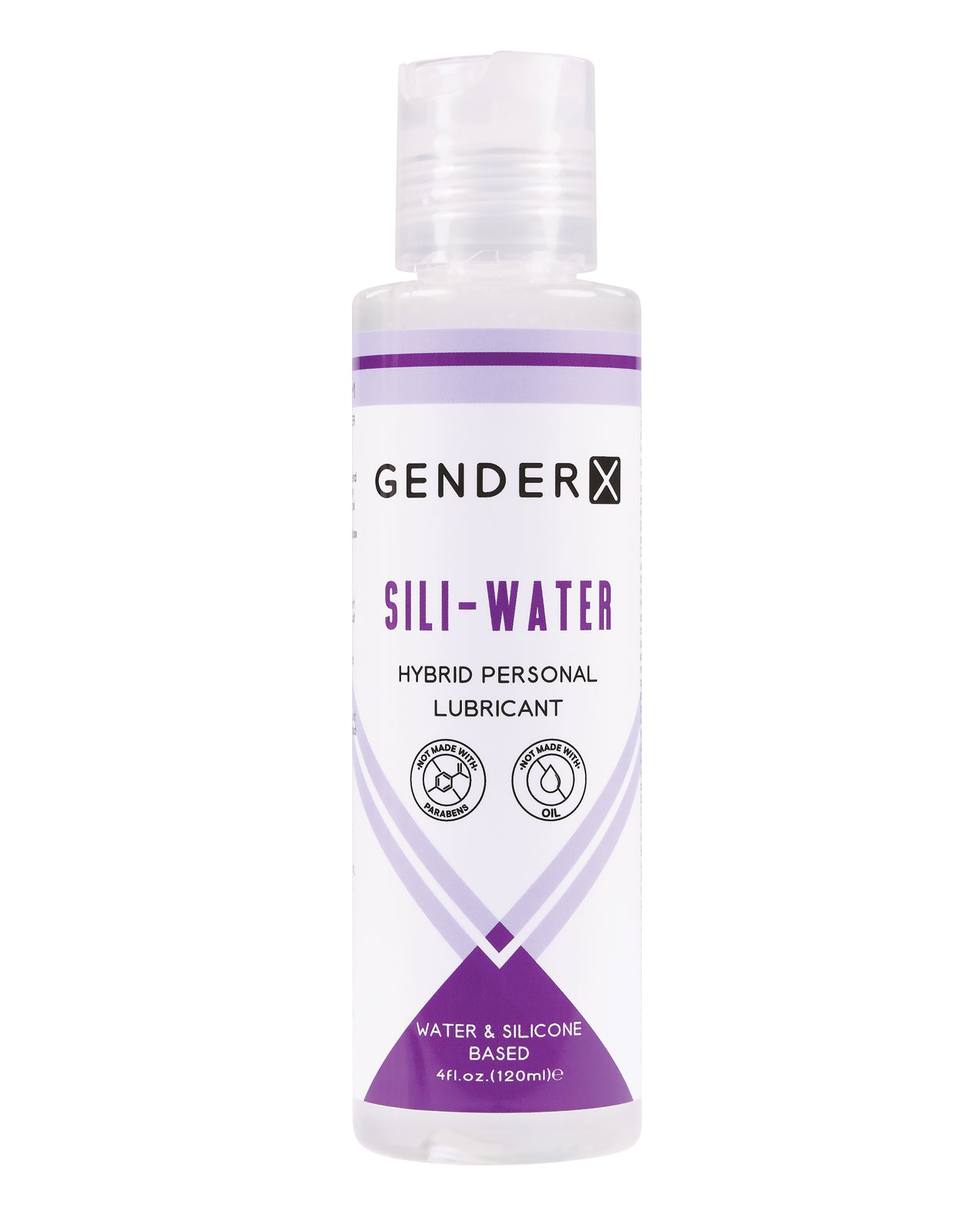 Gender X Sili-Water personal lubricant bottle with a sleek design, showcasing its silicone-based formula for enhanced intimacy.