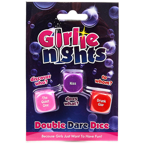 Girlie Nights Double Dare Dice Game featuring three colorful dice designed for fun and daring challenges among friends.