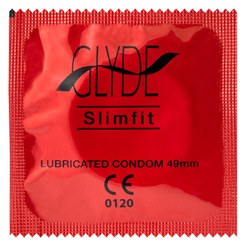 Glyde Slimfit condom package showcasing its sleek design and branding, emphasizing snug fit and vegan-friendly materials.