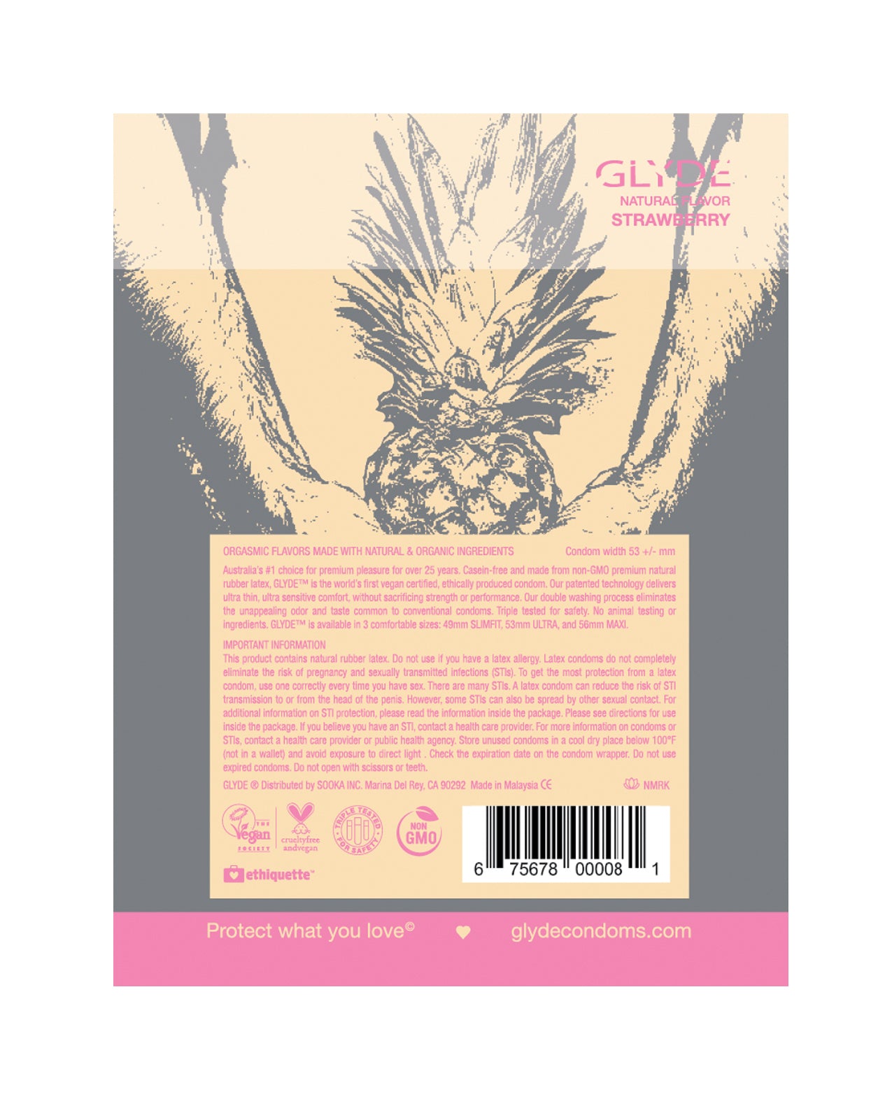 Glyde Strawberry PK4 condoms in packaging, featuring a vibrant strawberry design, emphasizing organic and vegan qualities.