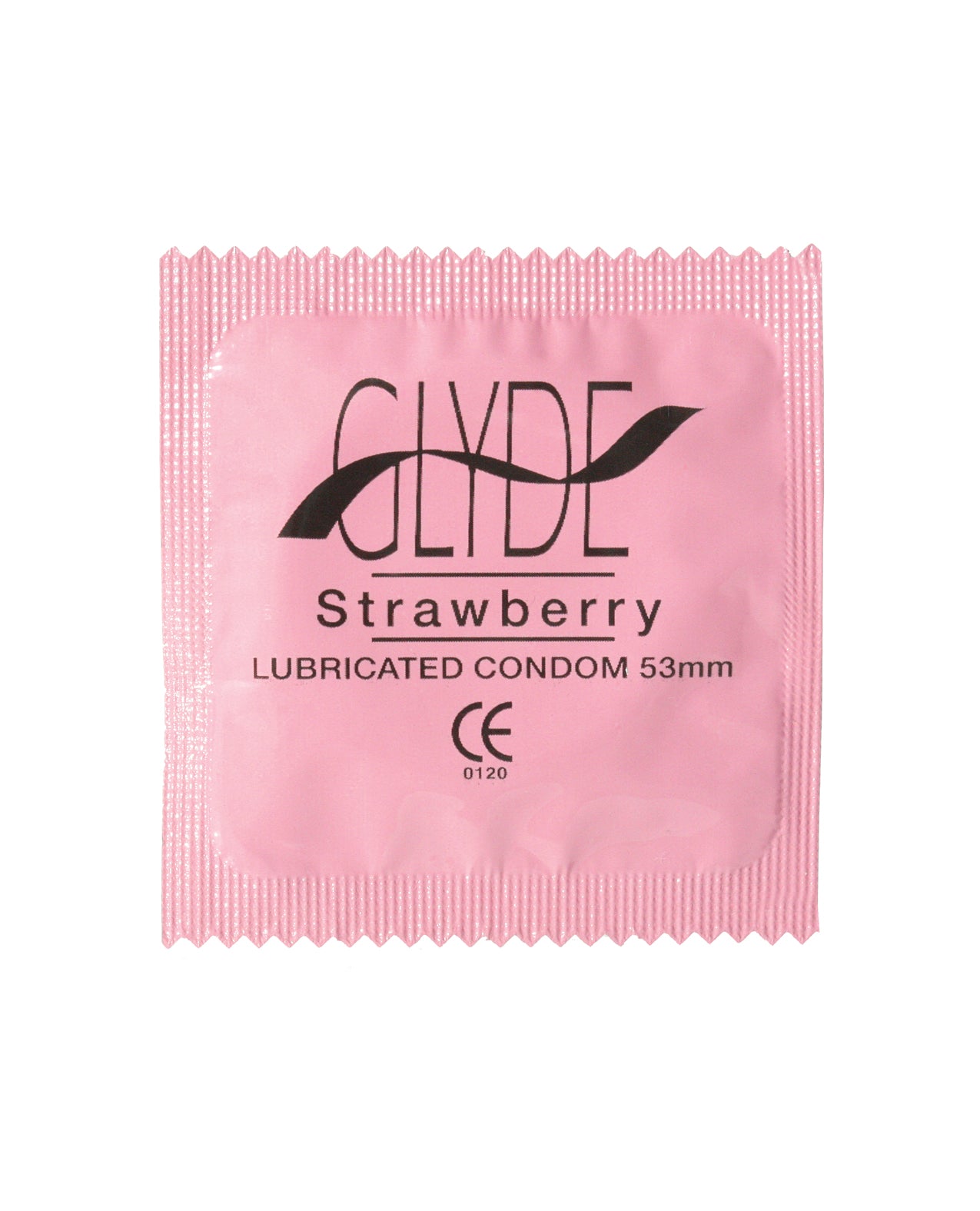 Glyde Strawberry PK4 condoms in packaging, featuring a vibrant strawberry design, emphasizing organic and vegan qualities.