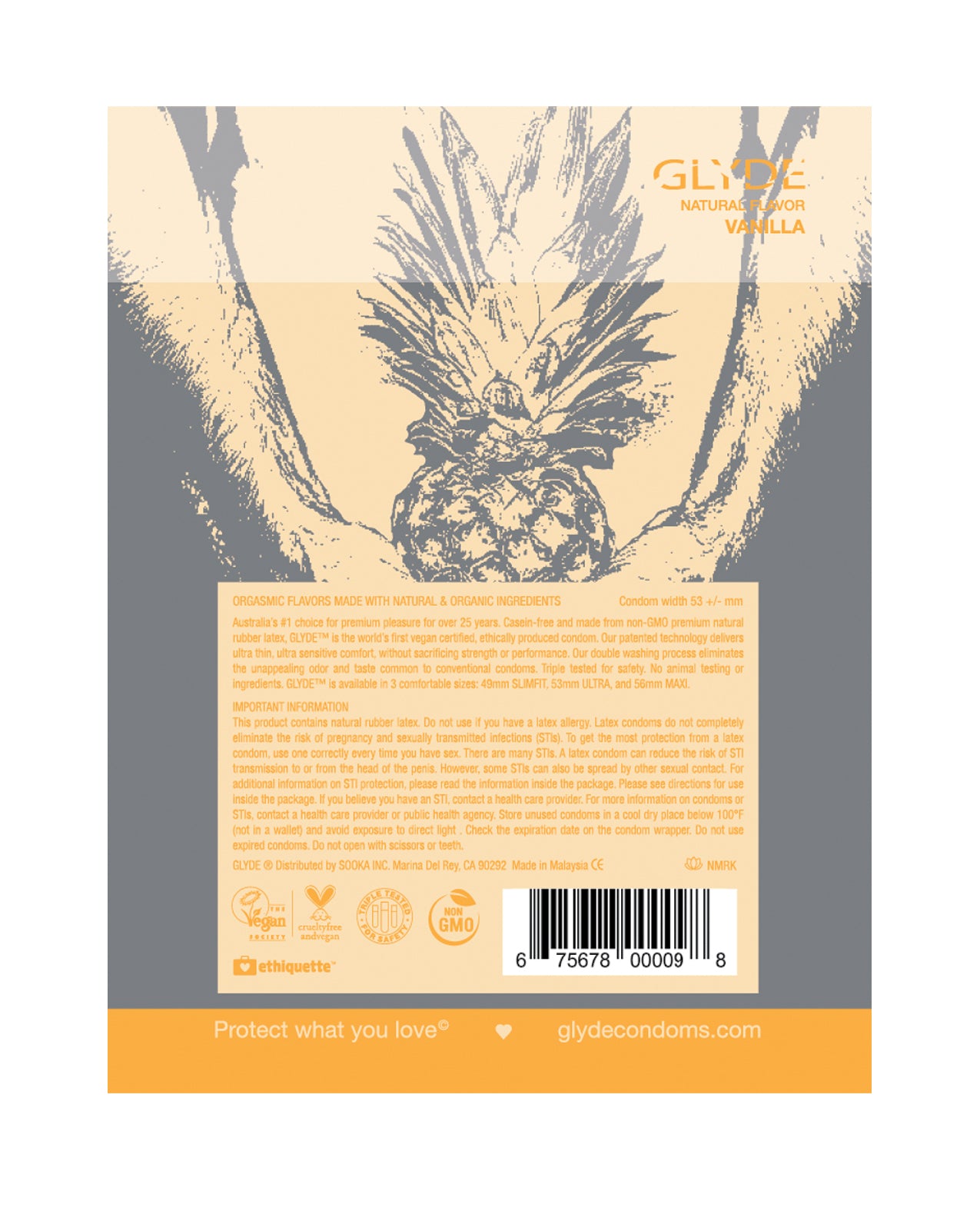 Glyde Vanilla PK4 condoms in a pack, featuring organic vanilla flavor and ultra-thin design for enhanced pleasure.