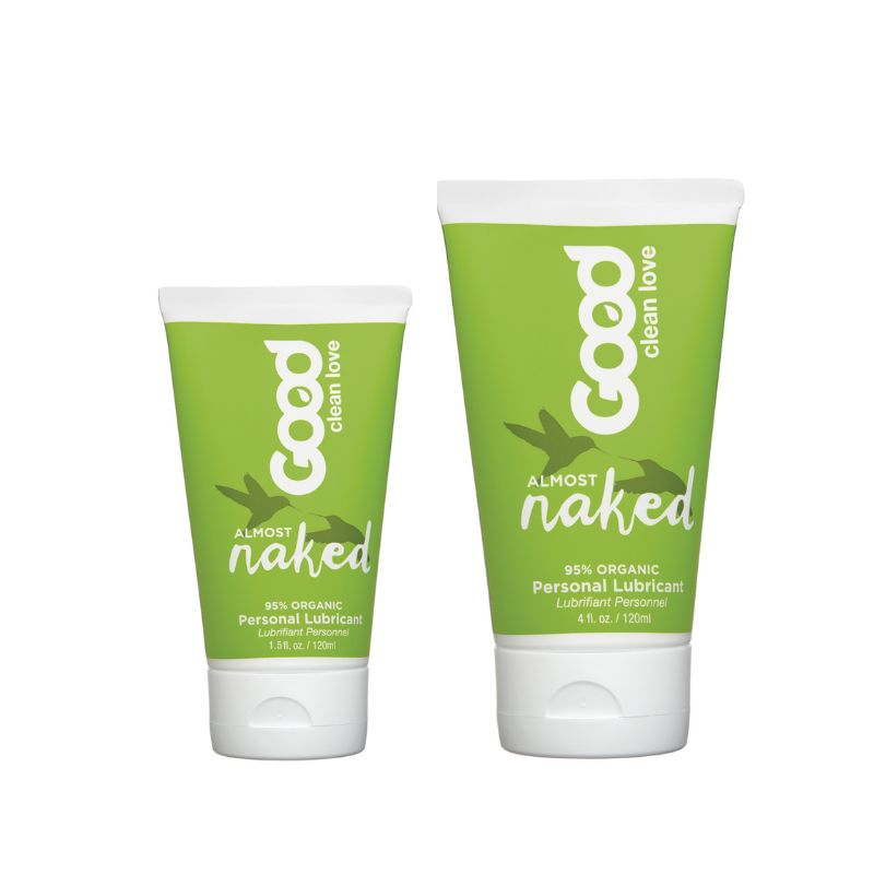 Good Clean Love Almost Naked Organic lubricant bottle with a sleek design, showcasing its natural ingredients and water-based formula.