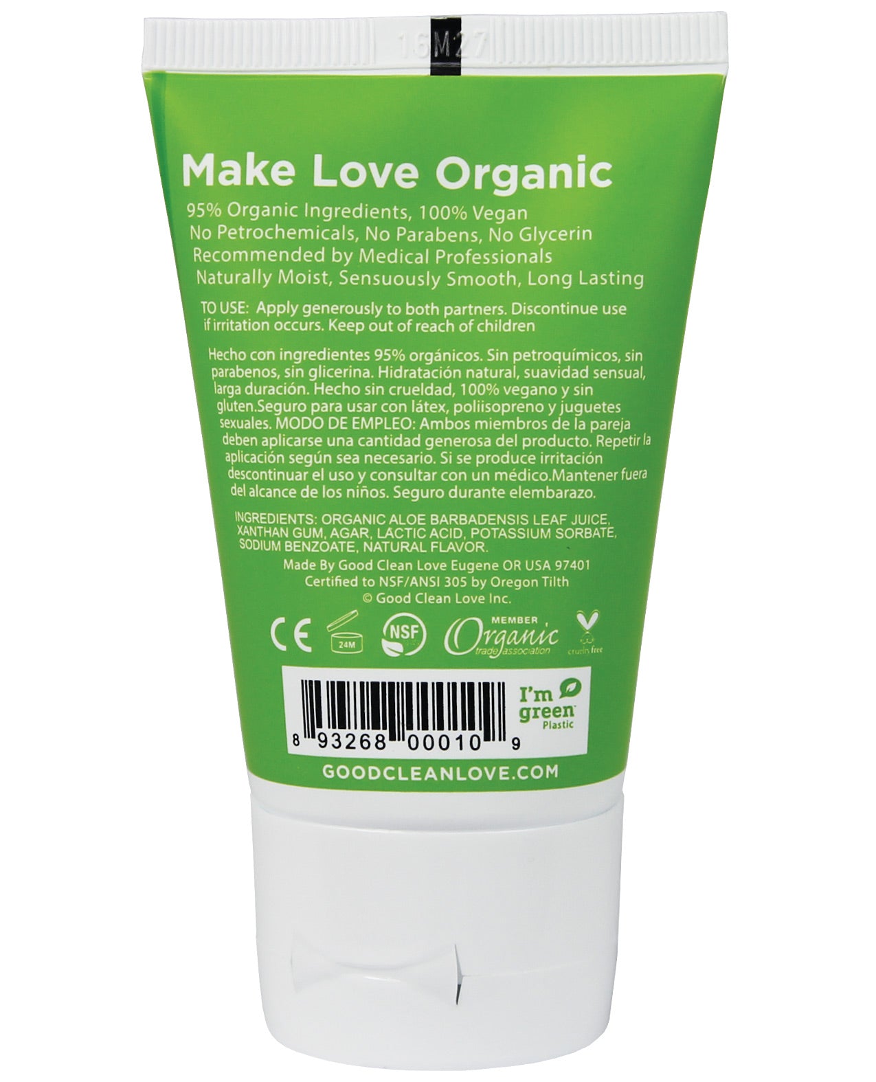 Good Clean Love Almost Naked Organic lubricant bottle with a sleek design, showcasing its natural ingredients and water-based formula.