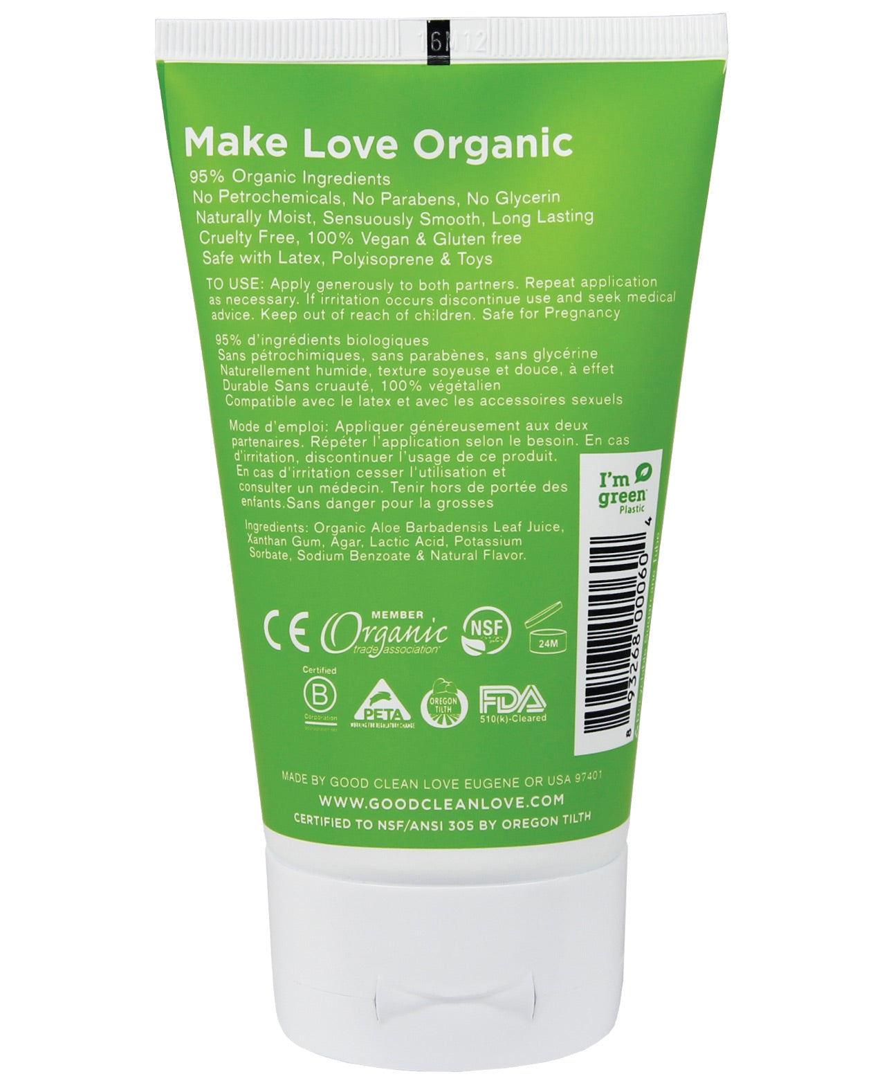 Good Clean Love Almost Naked Organic lubricant bottle with a sleek design, showcasing its natural ingredients and water-based formula.