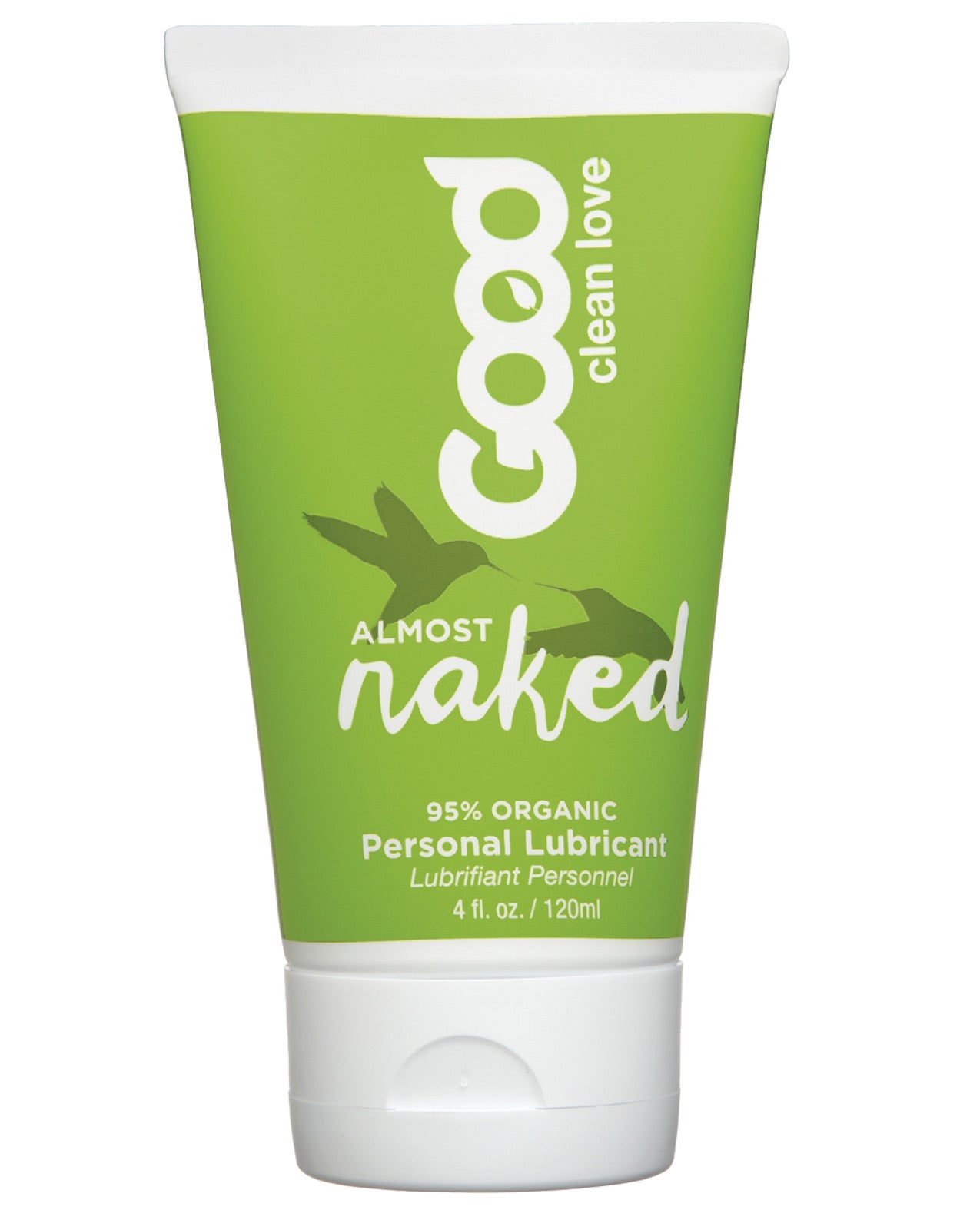 Good Clean Love Almost Naked Organic lubricant bottle with a sleek design, showcasing its natural ingredients and water-based formula.