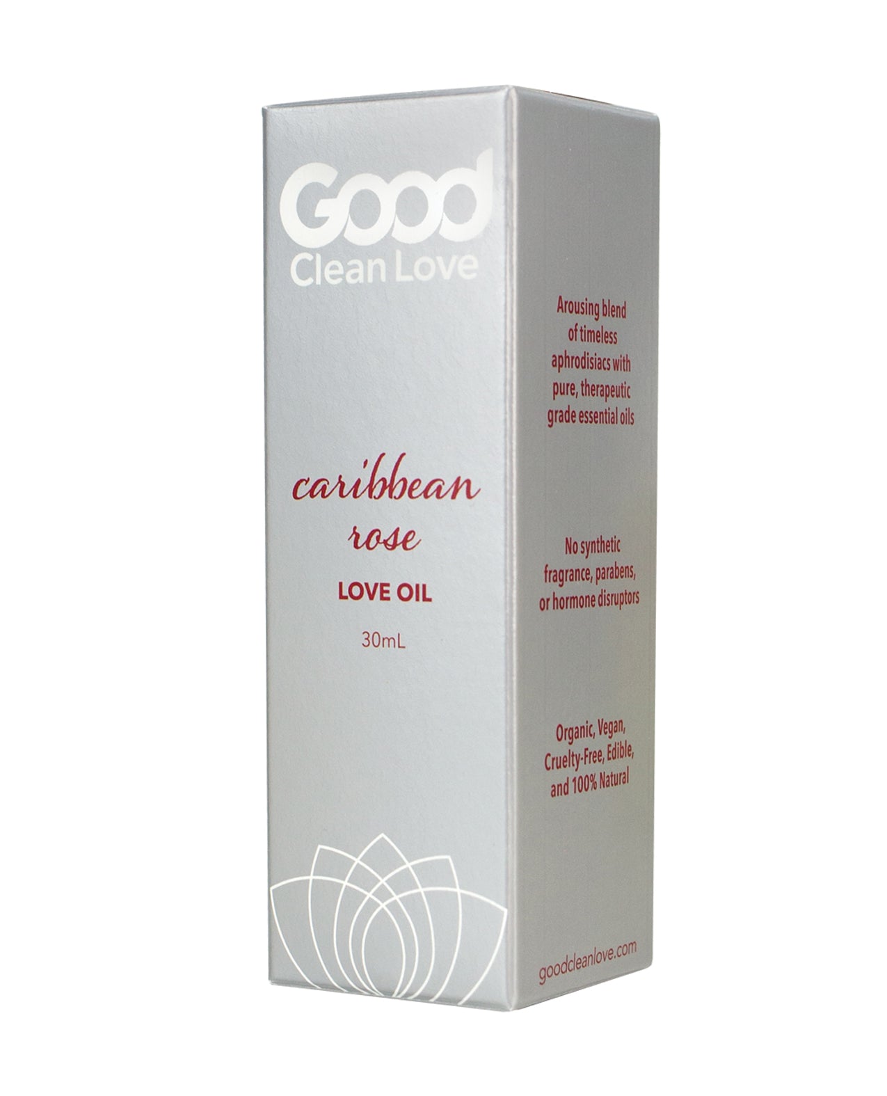 Good Clean Love Caribbean Rose Love Oil bottle with a floral design, showcasing its natural and organic ingredients.