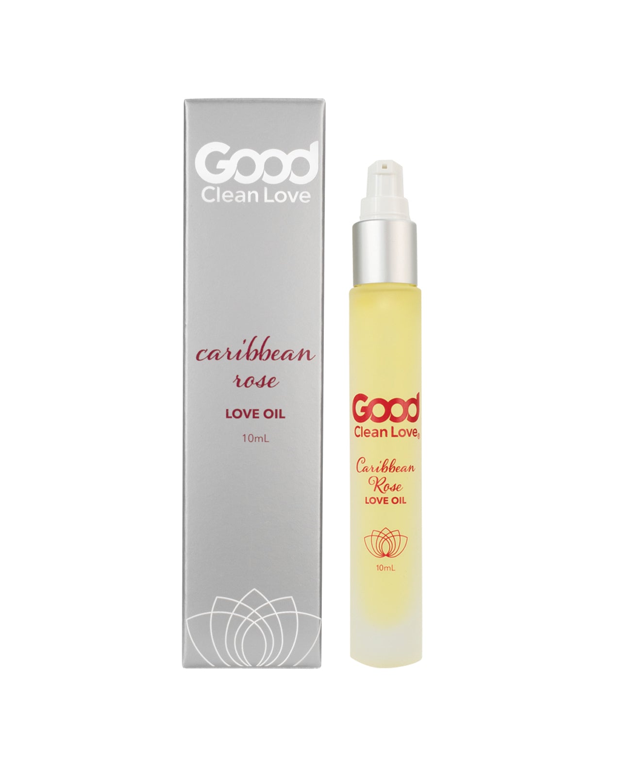 Good Clean Love Caribbean Rose Love Oil bottle with a floral design, showcasing its natural and organic ingredients.