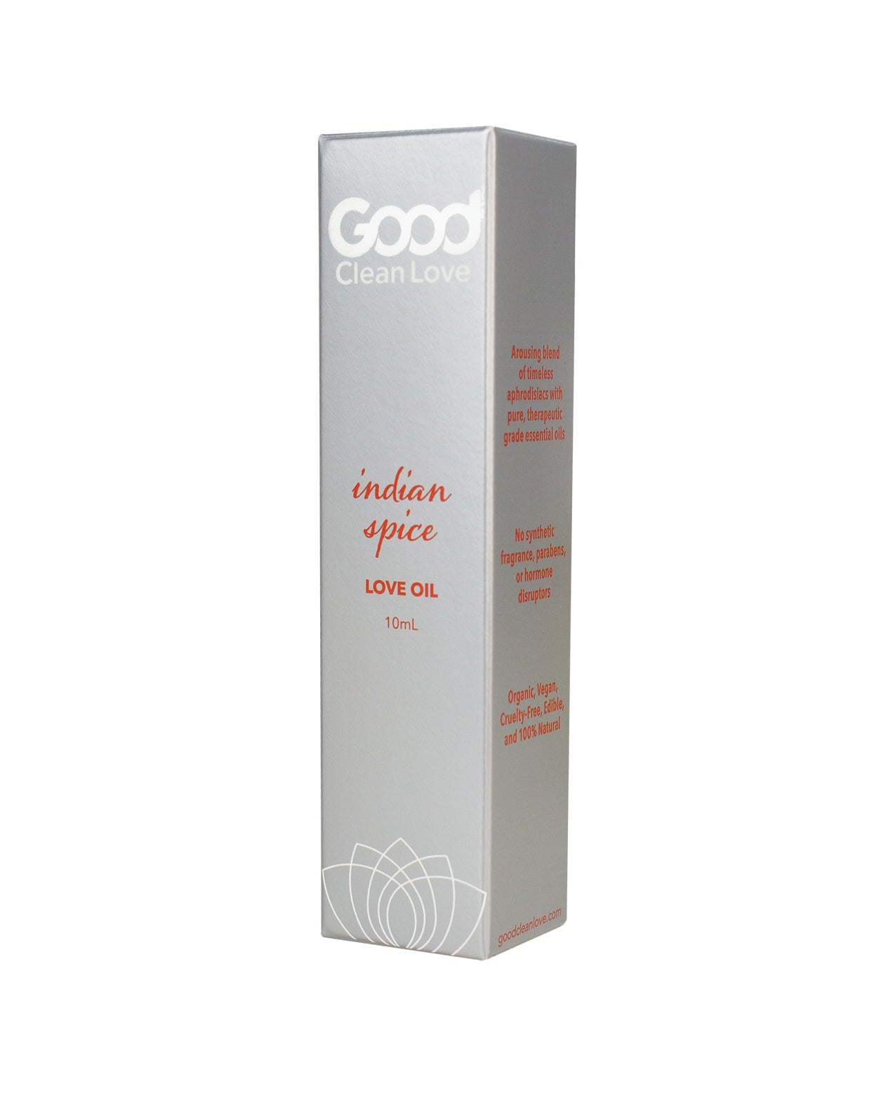 Good Clean Love Indian Spice Love Oil bottle with a warm, inviting design, showcasing its natural ingredients and therapeutic properties.