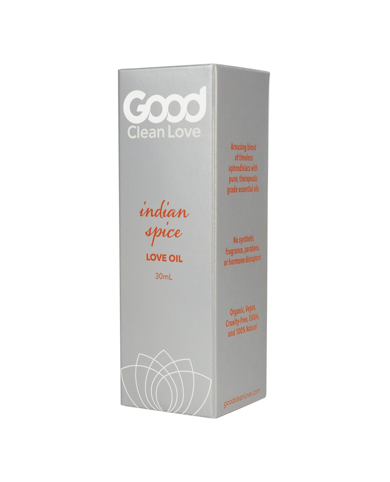 Good Clean Love Indian Spice Love Oil bottle with a warm, inviting design, showcasing its natural ingredients and therapeutic properties.