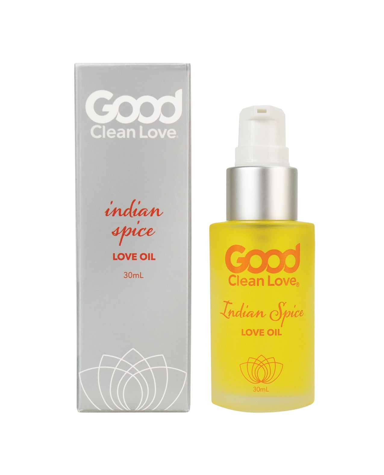 Good Clean Love Indian Spice Love Oil bottle with a warm, inviting design, showcasing its natural ingredients and therapeutic properties.