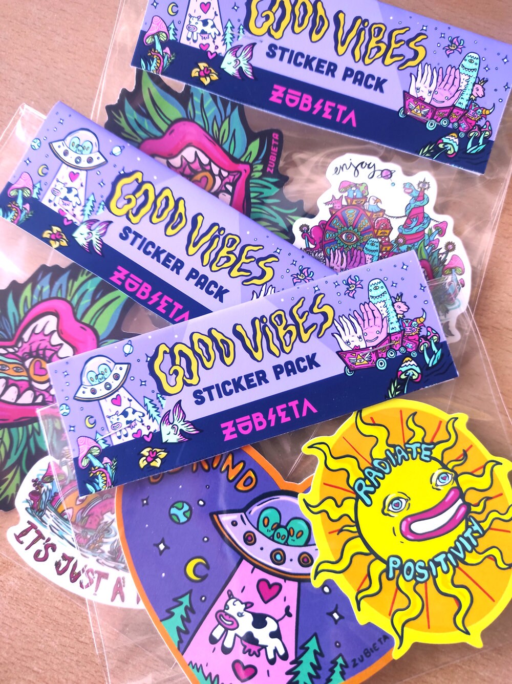 Good Vibes Sticker Pack featuring vibrant psychedelic designs on high-quality vinyl stickers.