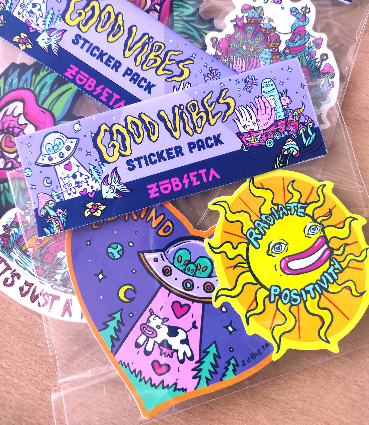 Good Vibes Sticker Pack featuring vibrant psychedelic designs on high-quality vinyl stickers.