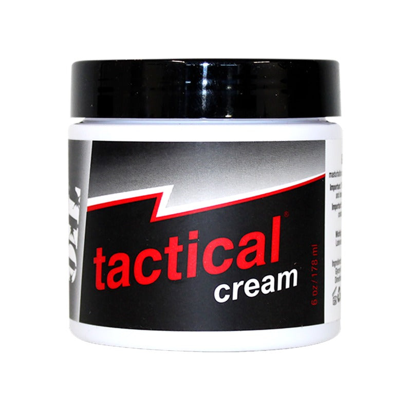 Gun Oil Tactical Cream 6 oz jar with a sleek design, showcasing its water-based formula for a smooth masturbation experience.