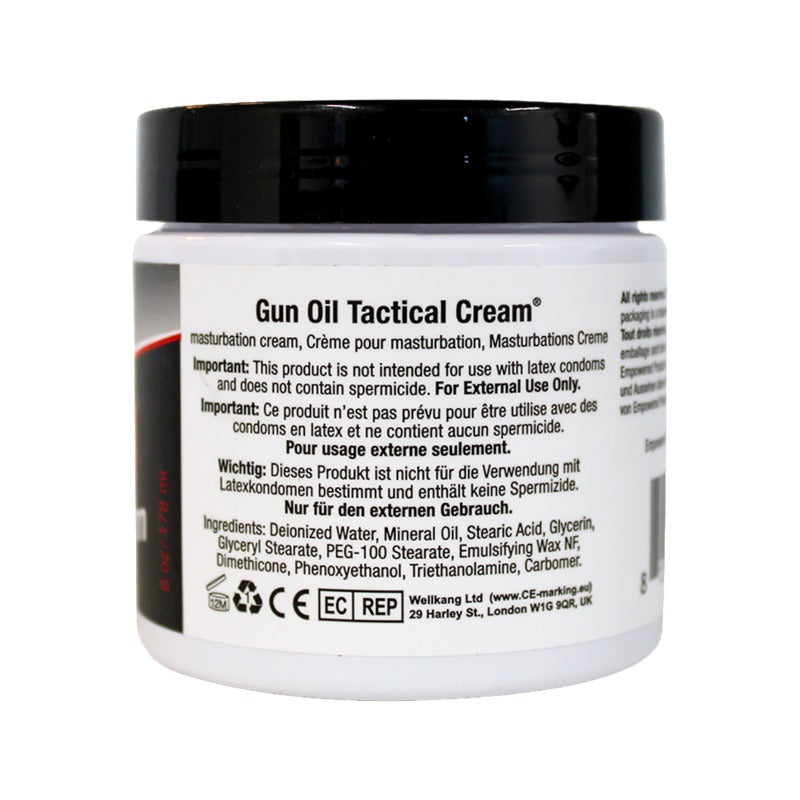 Gun Oil Tactical Cream 6 oz jar with a sleek design, showcasing its water-based formula for a smooth masturbation experience.