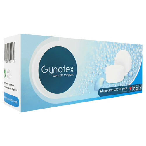 Gynotex WET Lubricated Soft-Tampons in a box of 6, designed for comfort and security during menstruation.