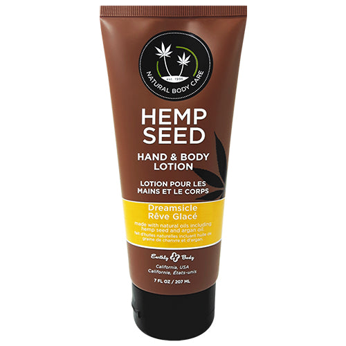 Hemp Seed Dreamsicle Hand & Body Lotion 207ml bottle with a vibrant label featuring tangerine and plum colors.