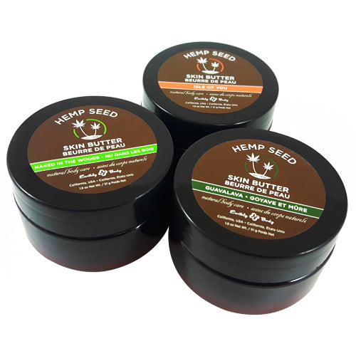 Hemp Seed Skin Butter Trio featuring three jars of skin butter in Guavalava, Isle of You, and Naked in the Woods fragrances, showcasing their luxurious texture.