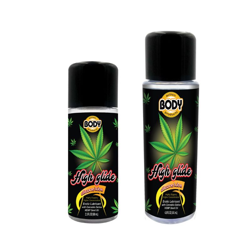 High Glide Erotic Lubricant bottle with a sleek design, showcasing its cannabis sativa hemp oil ingredients for a silky smooth experience.