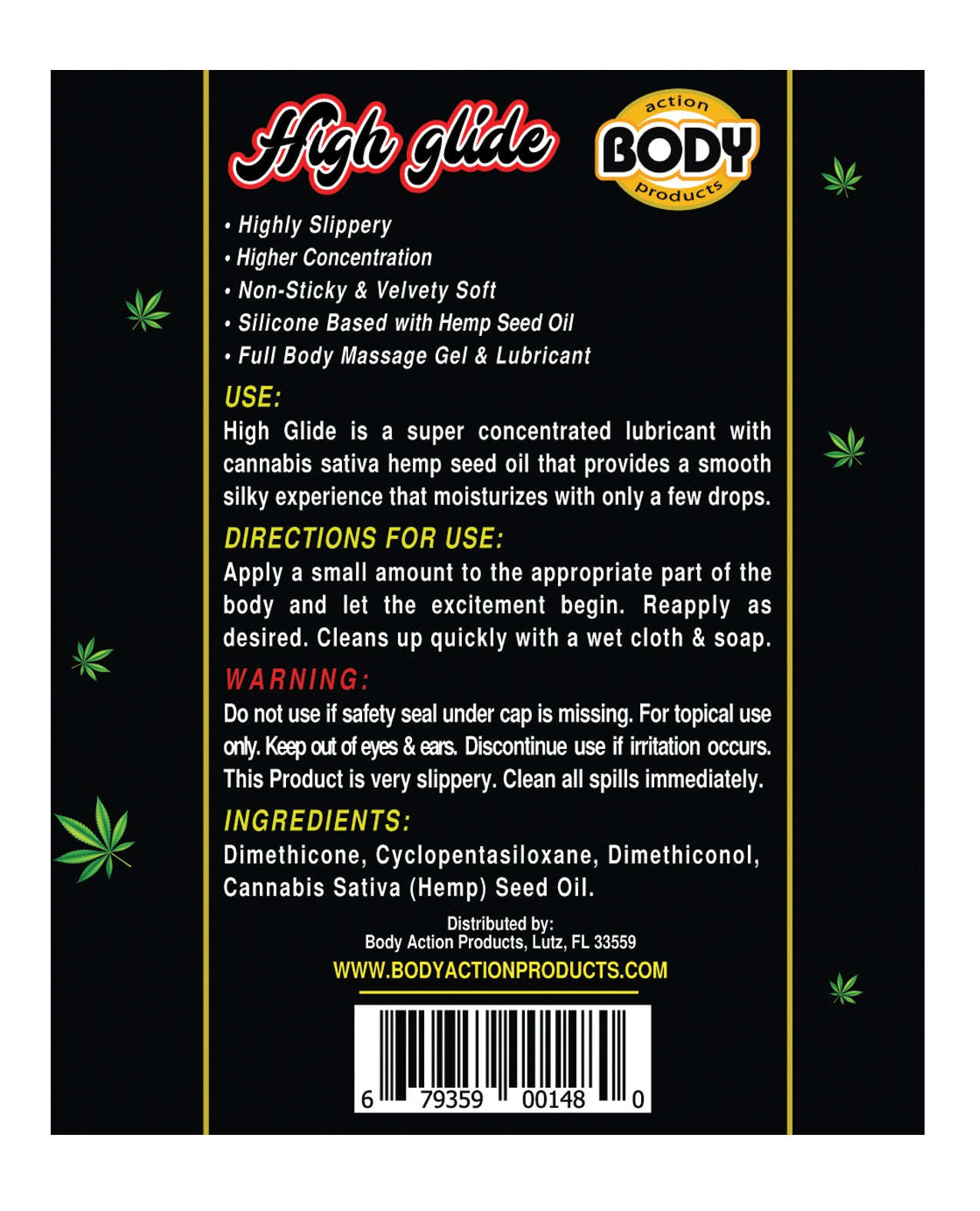 High Glide Erotic Lubricant bottle with a sleek design, showcasing its cannabis sativa hemp oil ingredients for a silky smooth experience.