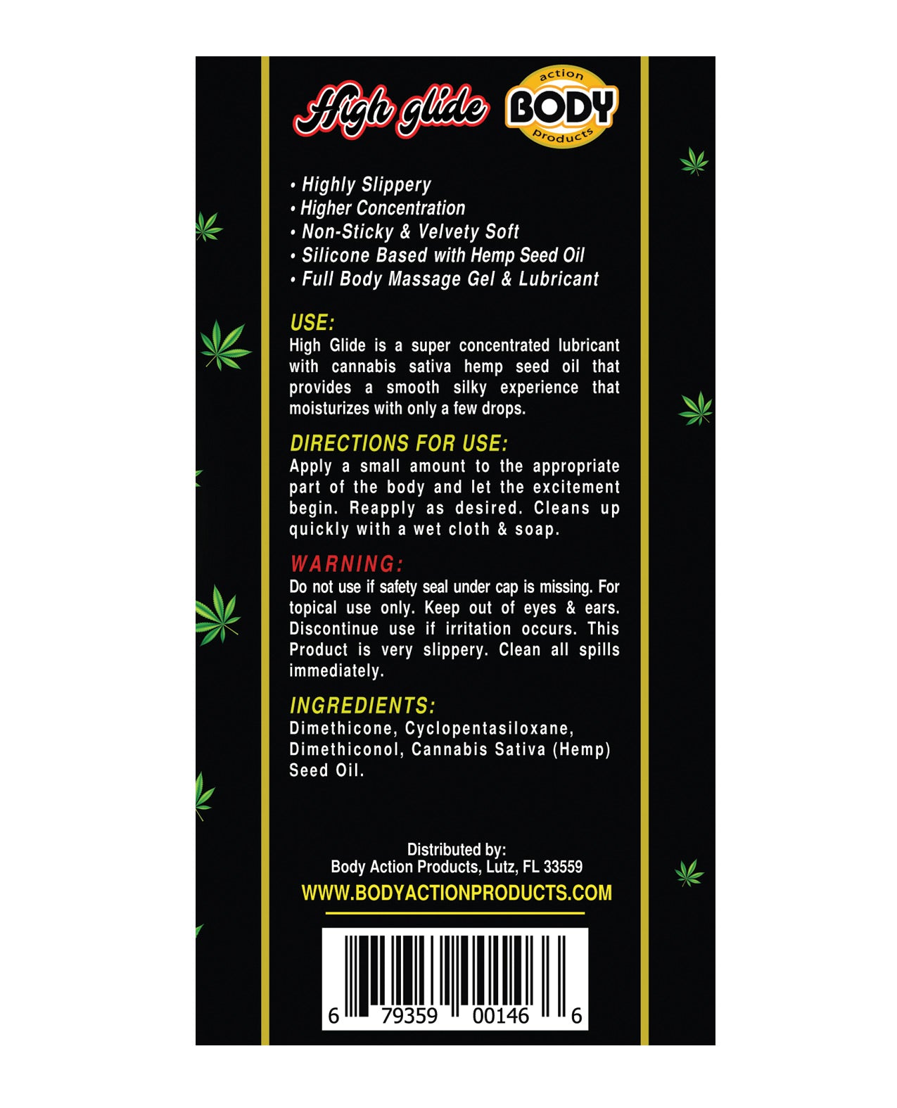 High Glide Erotic Lubricant bottle with a sleek design, showcasing its cannabis sativa hemp oil ingredients for a silky smooth experience.